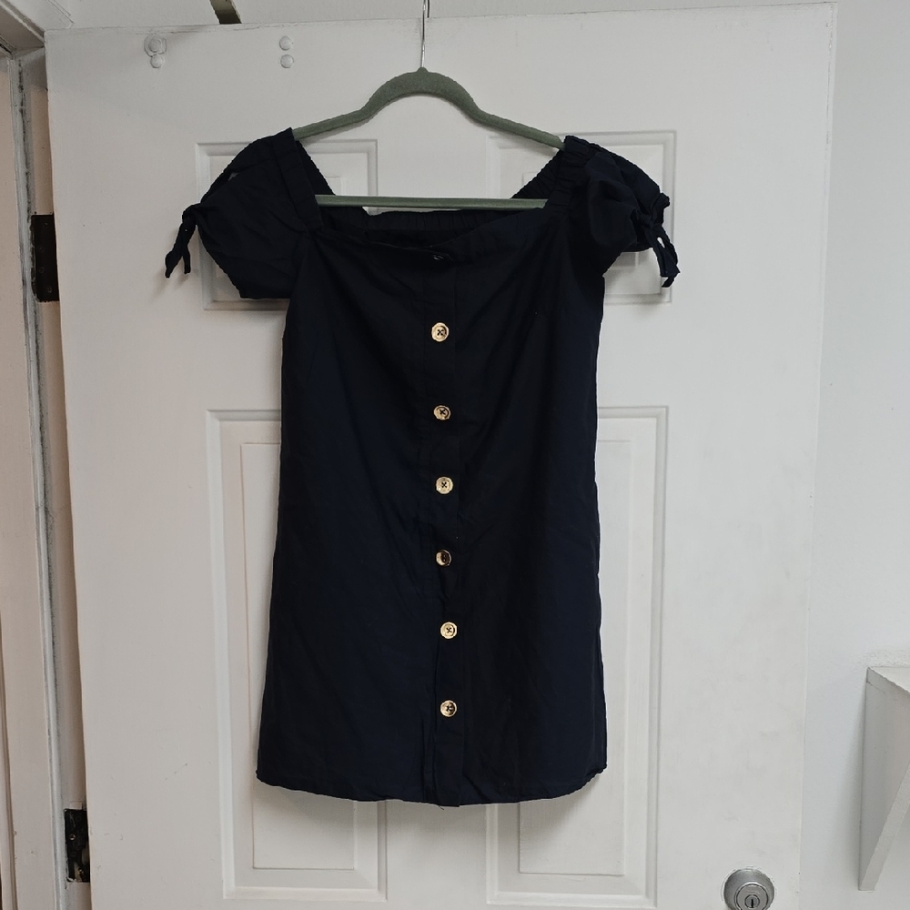 Amanda Uprichard Blue Off-Shoulder Dress with Gold Buttons
